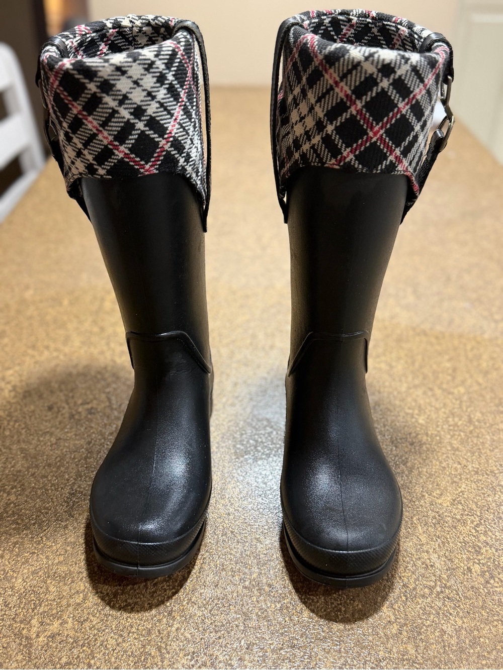 CROCS Black Rain Boots with Plaid Cuff and Pink Accent